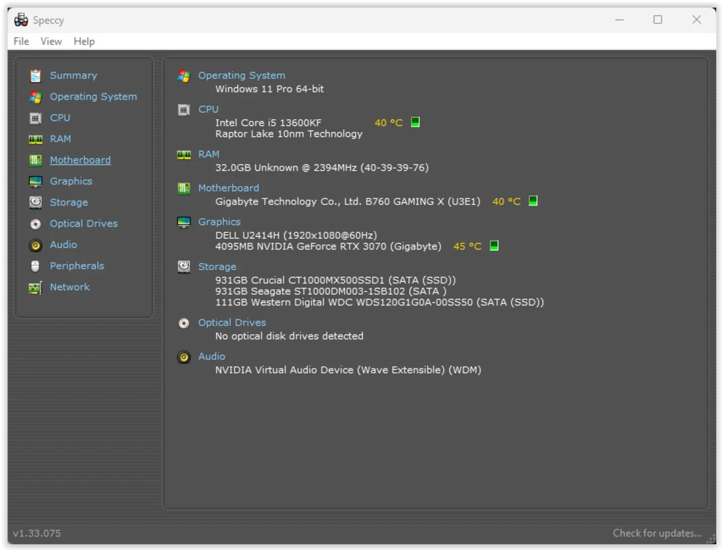 Speccy main dashboard overview